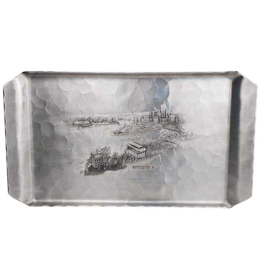 Vntg Hand-Wrought Hammered Aluminum Serving Tray - Pittsburgh Cityscape Etching - Picture 6 of 12
